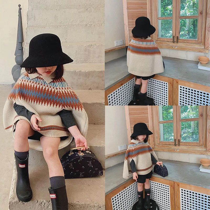 Baby Clothing Knitting Patterns - 子供用ニットケープ,女の子用ダイヤモンドグリッドパターン,セーター,ショール,対照的な色,韓国の服,赤ちゃん用,新品