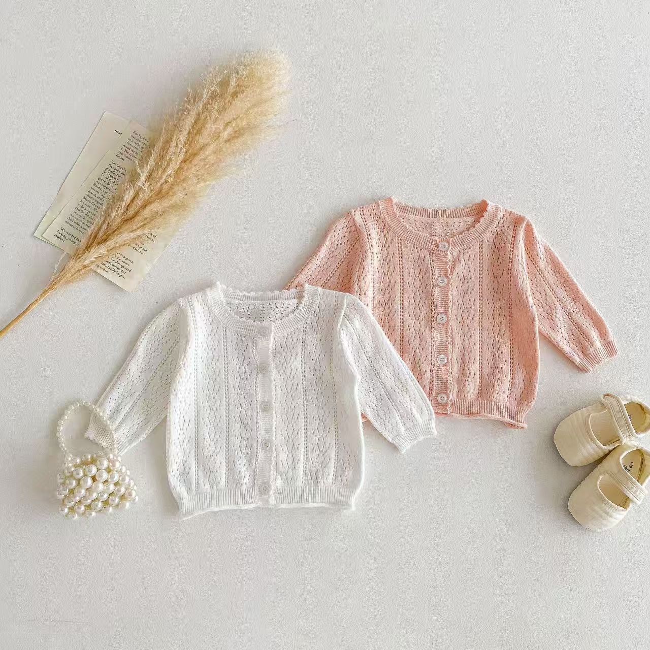 Knit Cardigan Infant - 韓国風ベビー女の子用トップス - 甘くて通気性があり、柔らかく、純色のカーディガン