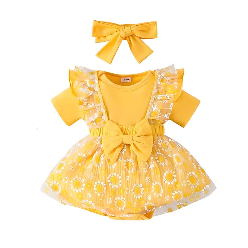 Baby Yellow Clothing Women - 0-18 ヶ月の女の赤ちゃん服 3 ピース衣装夏半袖黄色ボディスーツ + メッシュホルタードレス